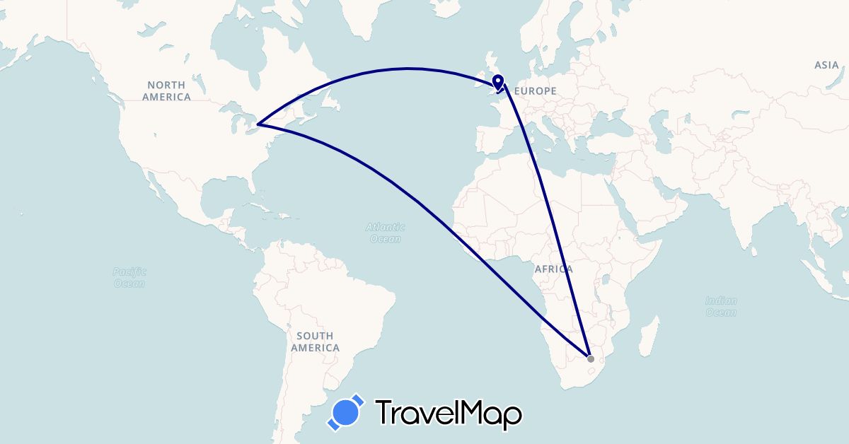 TravelMap itinerary: driving, plane in Canada, United Kingdom, South Africa (Africa, Europe, North America)
